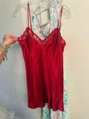 Victorias Secret Red Satin Lace Trim Slip Dress - Women's Intimates